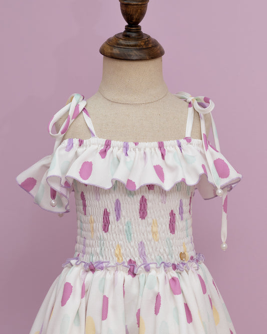 VESTIDO MORA ARANDELA ESTAMPADO PUNTOS RISA