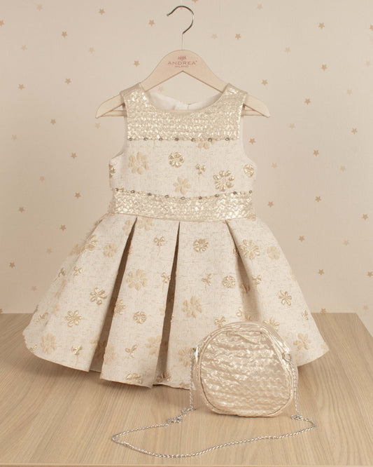 VESTIDO TALLE ALTO FALDA PLIEGUES PERLAS CUELLO CON BOLSO