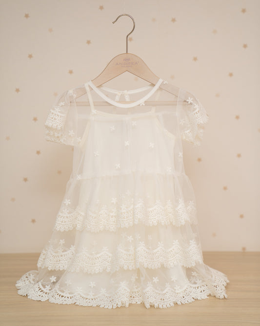VESTIDO CON MANGAS Y CUBIERTA TULL