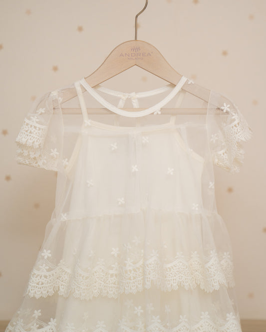 VESTIDO CON MANGAS Y CUBIERTA TULL