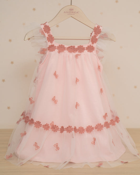VESTIDO TIRANTES CUBIERTA TUL Y LAZOS BORDADOS