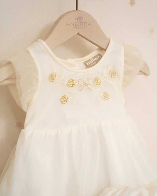 VESTIDO TALLE ALTO FALDA TULL Y LAZOS BORDADOS CON RANITA