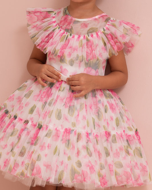 VESTIDO CUBIERTA DE TULL ESTAMPADO FLORES Y CINTURON