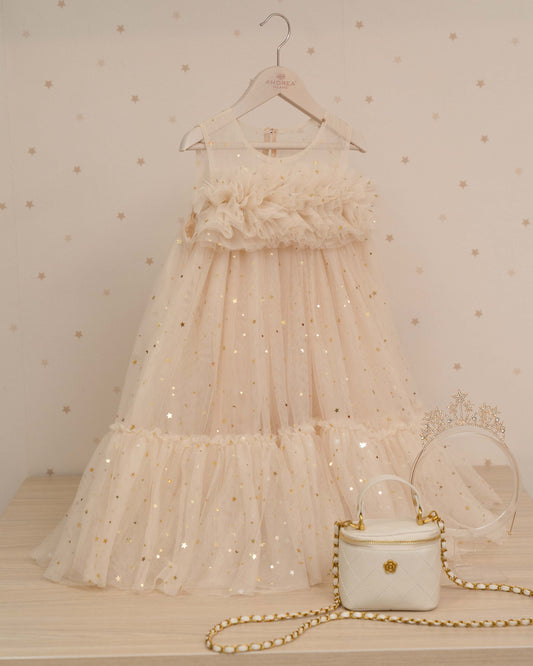 VESTIDO CUBIERTA TUL DE ESTRELLAS Y ARANDELA PECHO