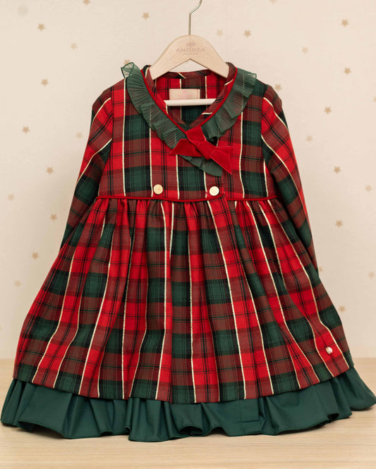VESTIDO DE CUADROS MANGA LARGA ARANDELAS Y LAZO FRONTAL