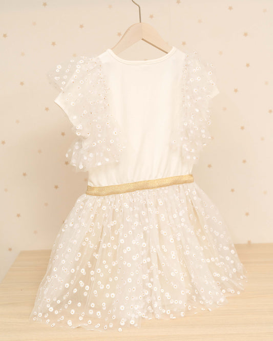 VESTIDO TALLE BAJO FLOR DE LENTEJUELAS CON FALDA DE TUL