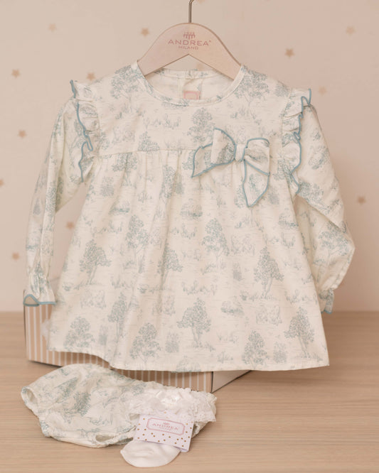 VESTIDO TIPO JESUSITO MANGA LARGA Y LAZO CON RANITA