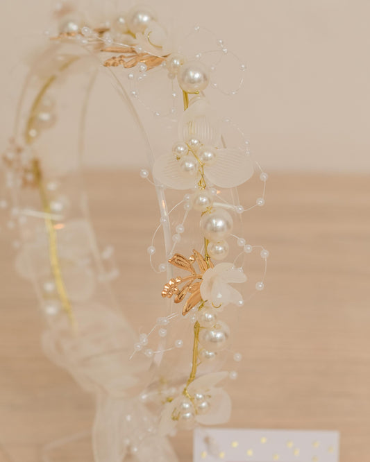 TIARA APLIQUES FLORES Y PERLAS