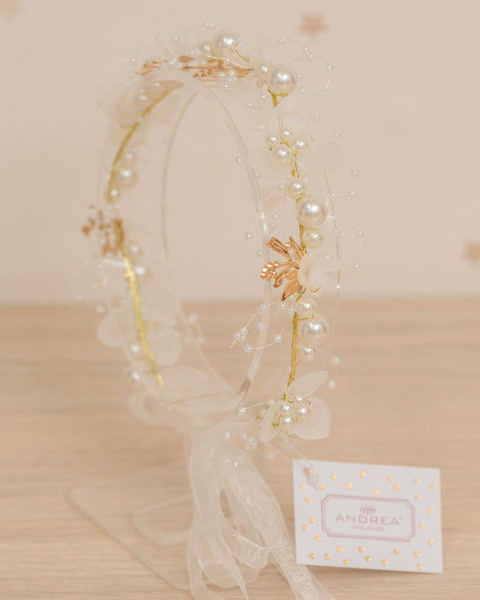 TIARA APLIQUES FLORES Y PERLAS