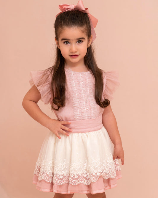 CONJUNTO BLUSA ARANDELAS DE TUL Y FALDA