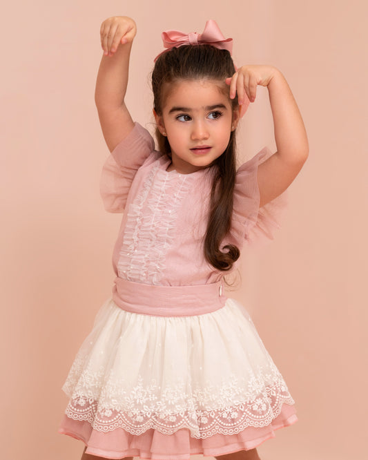 CONJUNTO BLUSA ARANDELAS DE TUL Y FALDA