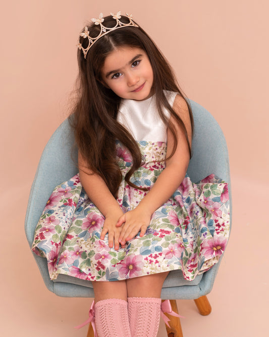 VESTIDO TALLE ALTO FALDA FLORES Y LAZO TRASERO