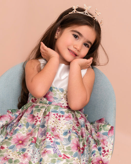 VESTIDO TALLE ALTO FALDA FLORES Y LAZO TRASERO