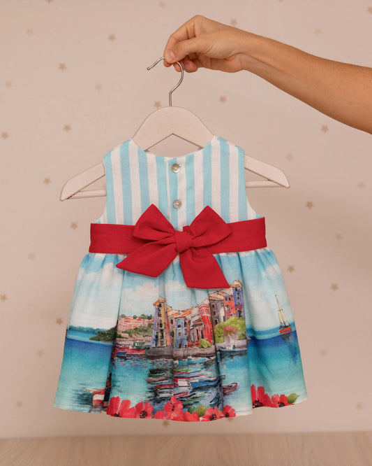 VESTIDO BEBE PECHO RAYAS Y FAJON CINTURA