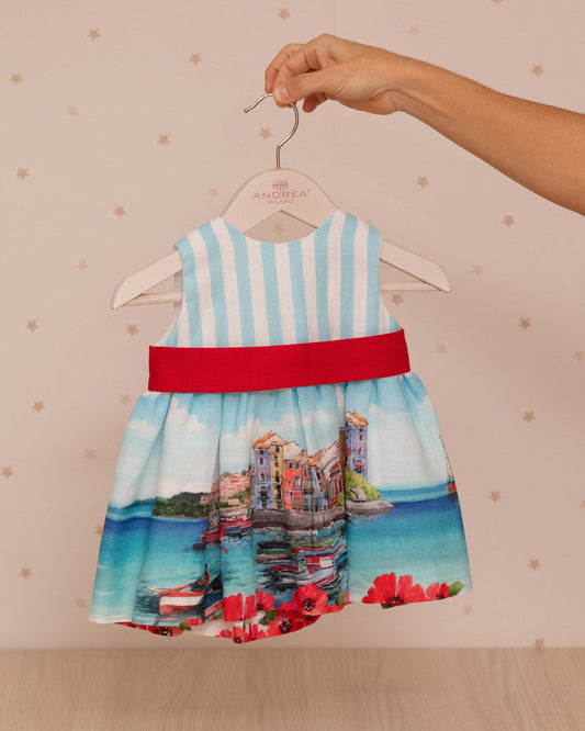 VESTIDO BEBE PECHO RAYAS Y FAJON CINTURA