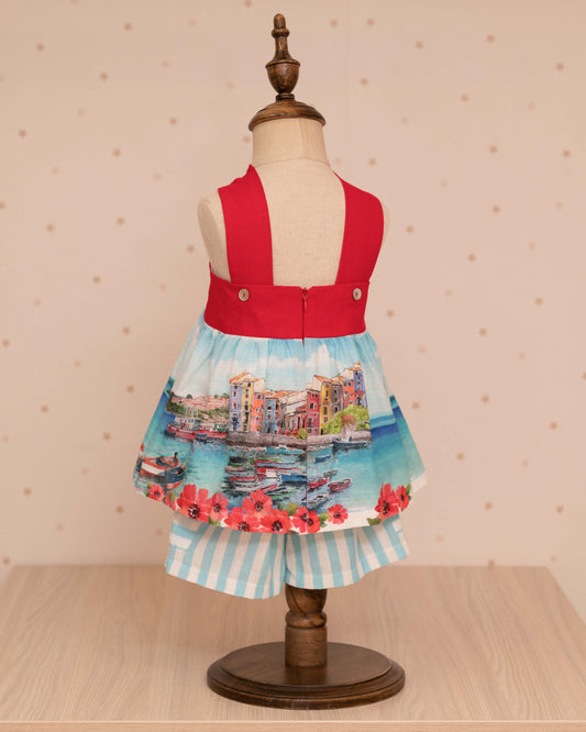 CONJUNTO BLUSA PAISAJE Y SHORT RAYAS