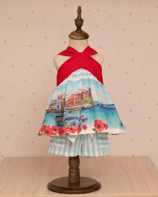 CONJUNTO BLUSA PAISAJE Y SHORT RAYAS