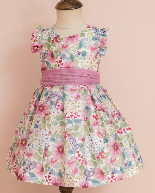 VESTIDO TALLE ALTO FLORES Y FAJON DE TUL