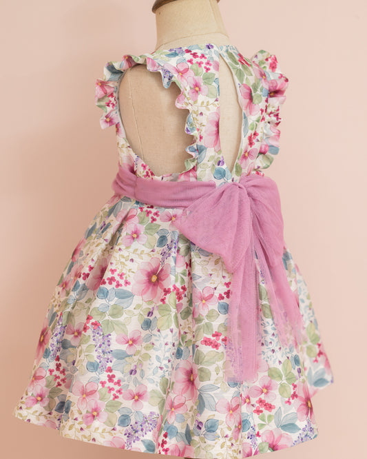 VESTIDO TALLE ALTO FLORES Y FAJON DE TUL