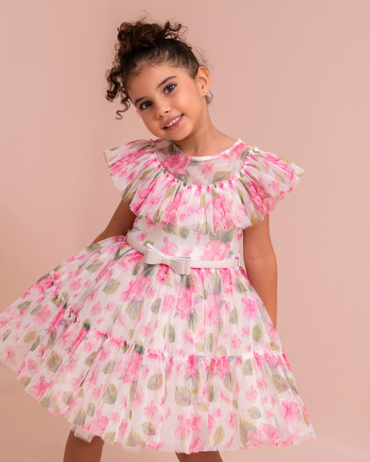 VESTIDO CUBIERTA DE TULL ESTAMPADO FLORES Y CINTURON
