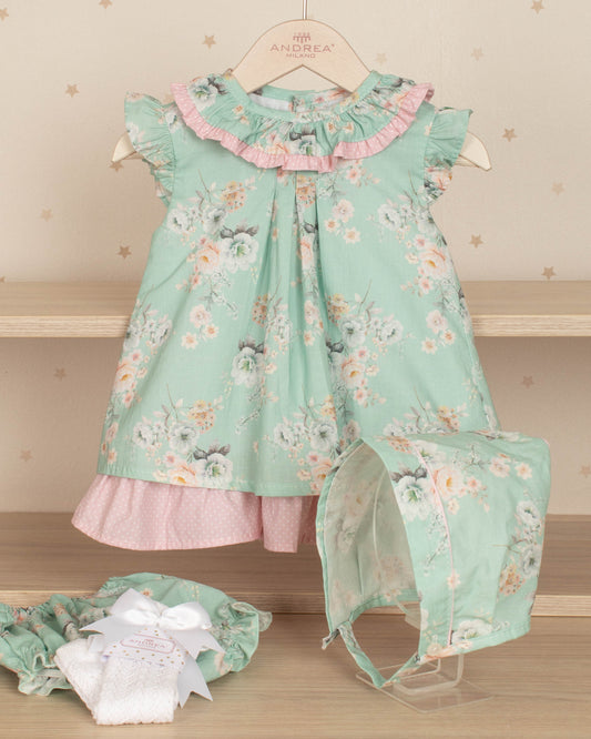 VESTIDO JESUSITO GREEN FLOWER CON RANITA Y GORRO