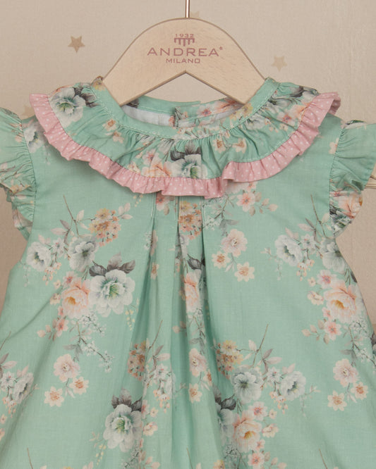 VESTIDO JESUSITO GREEN FLOWER CON RANITA Y GORRO