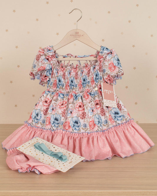 VESTIDO CARAMELO FLORES AZUL