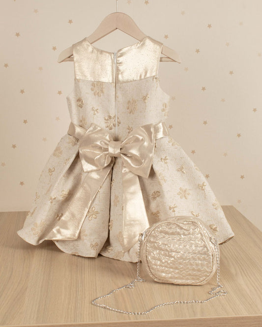 VESTIDO TALLE ALTO FALDA PLIEGUES PERLAS CUELLO CON BOLSO