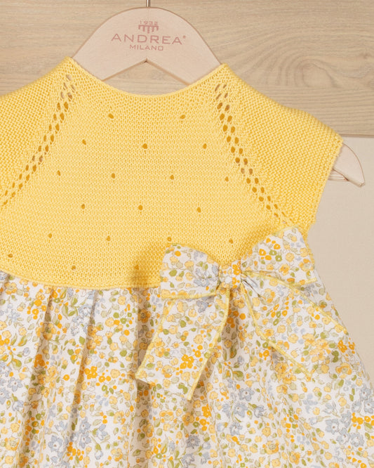 VESTIDO PECHO DE PUNTO Y FALDA FLORES CON LAZO