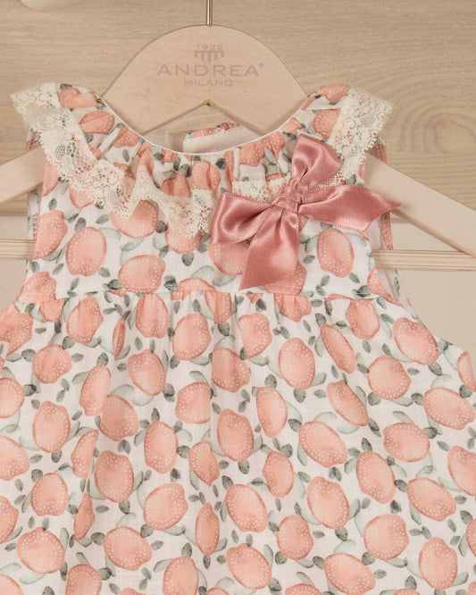 VESTIDO TALEGO LAZO FRONTAL Y ESTAMPADO FRUTAS  BABY GIRL