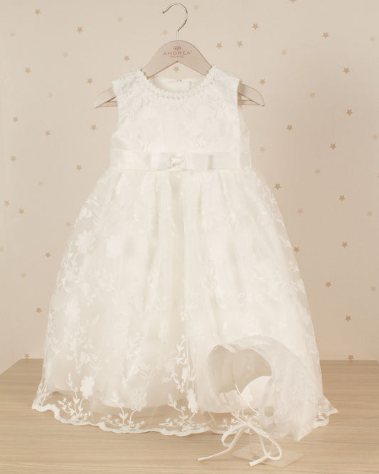 VESTIDO DE BAUTIZO LAZO CINTURA CON GORRO