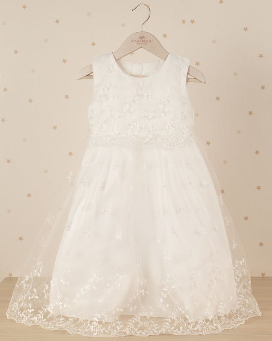 VESTIDO DE BAUTIZO FLORES BORDADAS CON CAPA Y GORRO