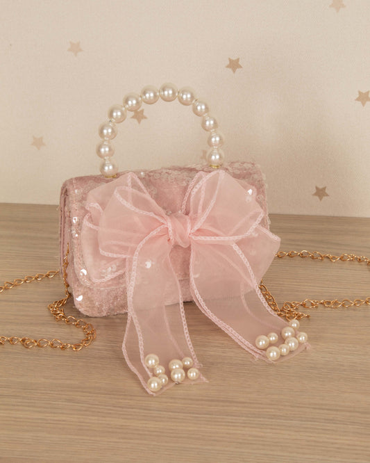 BOLSO LENTEJUELAS CON LAZO Y ASA PERLAS