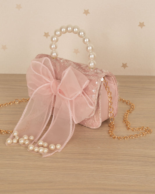 BOLSO LENTEJUELAS CON LAZO Y ASA PERLAS