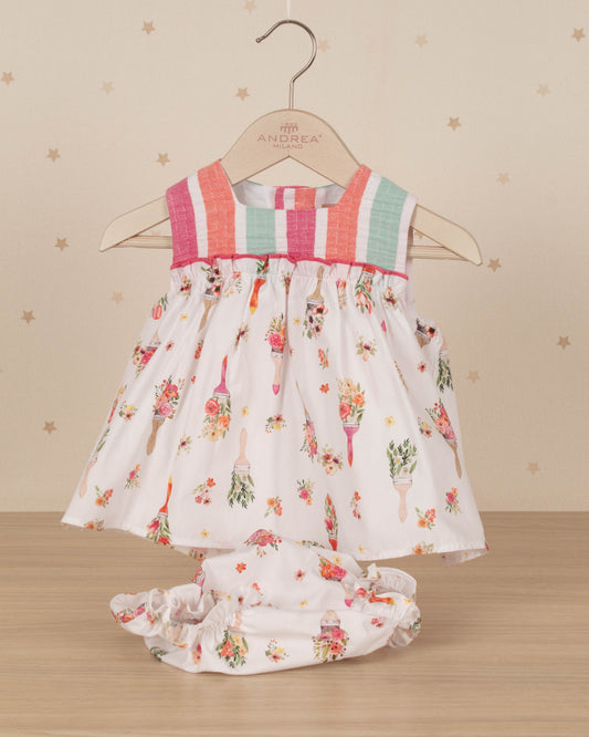 VESTIDO JESUSITO FALDA ESTAMPADA FLORES Y PECHO RAYAS