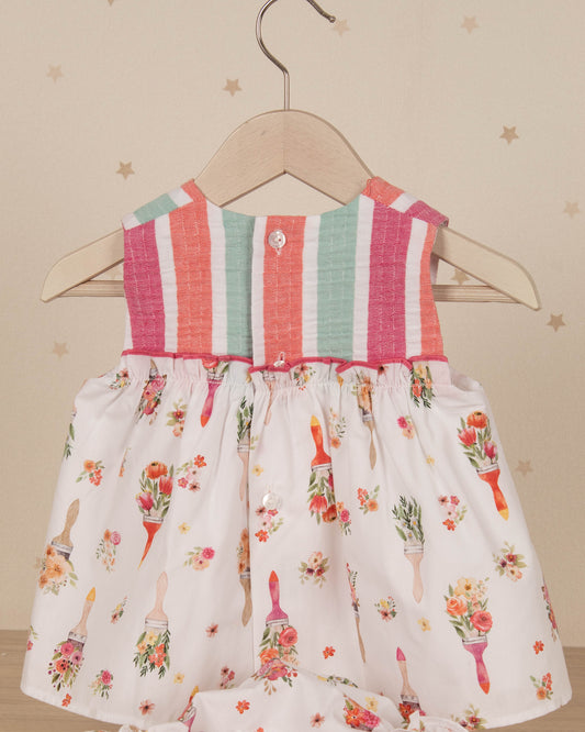 VESTIDO JESUSITO FALDA ESTAMPADA FLORES Y PECHO RAYAS